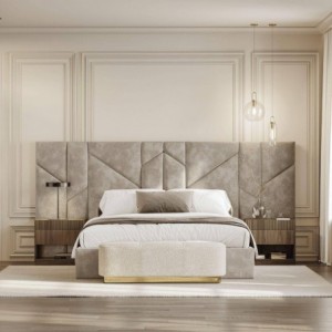 Cama Estofada de Casal Tays (Cabeceira Longa) + Colchão Opc. Cama Estofada de Casal Tays (Cabeceira Longa) + Colchão Opc.