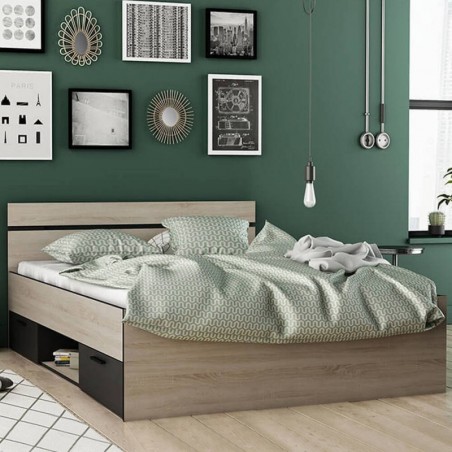 Pack Cama Michigan (Carvalho/Cinza) + Estrado + Colchão Basic 15HR (190x140cm)