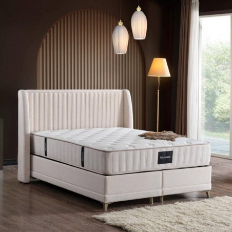 Cama Estofada c/ Sistema Elevatório e Baú + Colchão Molas Ensacadas 32cm Cachamere