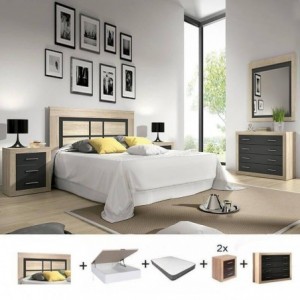 Pack Quarto Completo Lara c/ Sommier (Cambria/Grafito) + Colchão Premium 17HR (190x150cm)