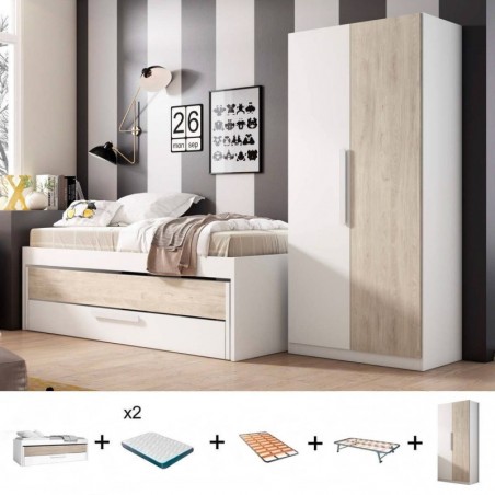 Pack Quarto Completo Juvenil Estelle c/ Roupeiro + Estrados + 2 Colchões Basic 15HR (190x90cm)