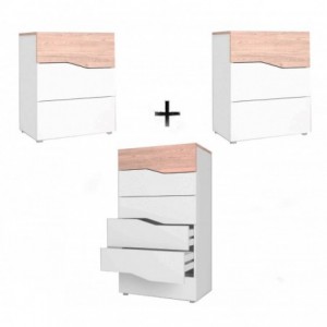 Pack 2 Mesas de Cabeceira 3G + Camiseiro 6G Cannes Branco Matte/ Sahara