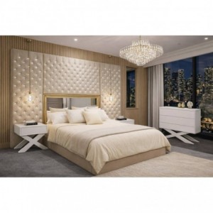 Cama de Casal Estofada Lady Diana em Capitoné c/ Cristais e Espelho (230cm de altura) + Colchão Opc.