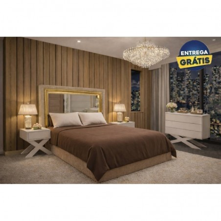 Quarto Completo Nikita c/ 2 Mesas de Cabeceira + Cómoda Shine e Colchão Luxury (200x160cm)