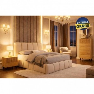 Quarto Completo Maria c/ 2 Mesas de Cabeceira + Camiseiro Solana e Colchão Momento (200x160cm)