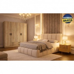 Quarto Completo Maria c/ 2 Mesas de Cabeceira + Roupeiro Rapid e Colchão Momento (200x160cm)