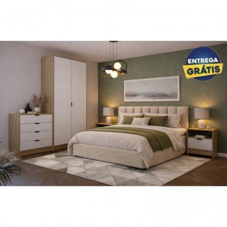 Quarto Completo Maria c/ 2 Mesas de Cabeceira + Roupeiro Nepon e Colchão Momento (200x160cm)