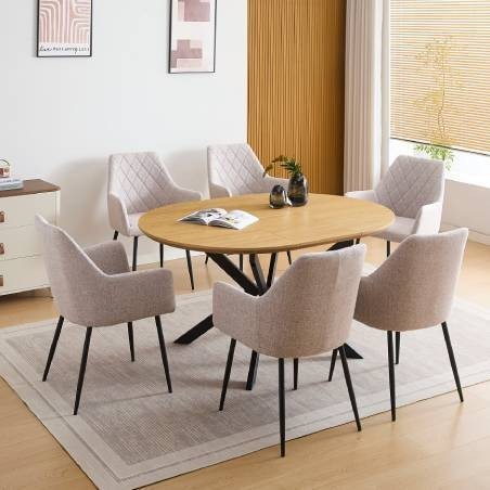 Pack Mesa de Jantar Redonda Extensível Winsor + 6 Cadeiras de Sala Devon (Beige)