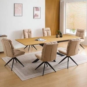 Pack Mesa de Jantar Extensível Keller + 6 Cadeiras de Sala Shelton (Beige)