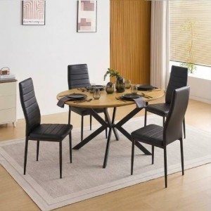 Pack Mesa de Jantar Redonda Extensível Winsor + 4 Cadeiras de Sala Emi (Preto)
