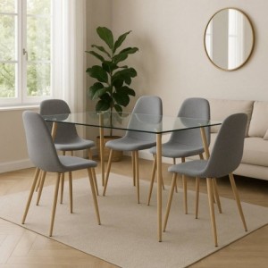 Pack Mesa de Jantar Fixa Pimer (Tampo em Vidro) + 4 Cadeiras de Sala James (Cinza/Madeira)