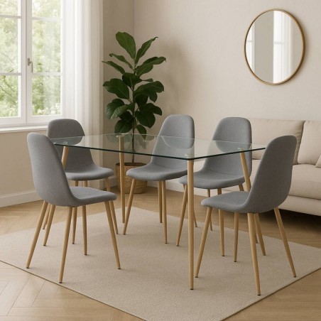Pack Mesa de Jantar Fixa Pimer (Tampo em Vidro) + 4 Cadeiras de Sala James (Cinza/Madeira)
