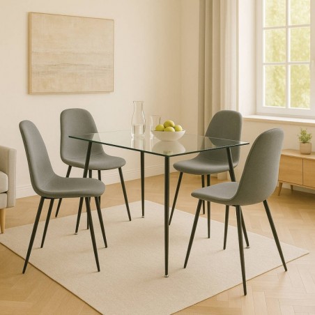 Pack Mesa de Jantar Fixa Pimer (Tampo em Vidro c/ Pernas Pretas) + 4 Cadeiras de Sala James (Cinza/Preto)