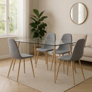 Pack Mesa de Jantar Fixa Pimer (Tampo em Vidro) + 4 Cadeiras de Sala James (Cinza/Madeira)