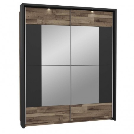 Roupeiro CLAIR com 2 portas de correr, espelho e LED (182x209x63)