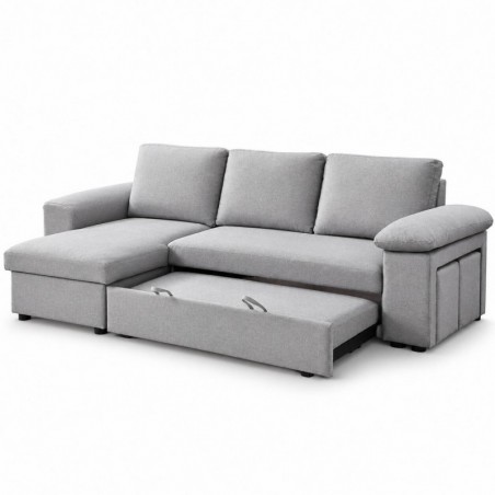 Sofá chaise long reversível AMADEUS com cama, baú e puffs (236x146cm)